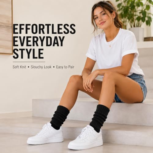Image of 3 Pairs Slouch Socks for Women & Men, Ribbed Scrunch Crew Socks | 3-pair cotton-rich ribbed slouch socks for women and men, thick scrunch crew socks for boots, sneakers and lounging.