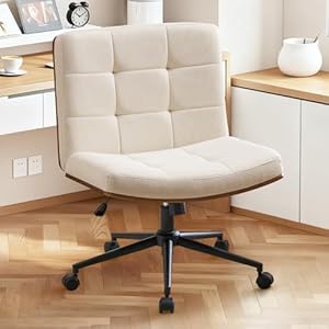 Furnimart Wide Swivel Criss Cross Legged Chair with Wheels, FSC Certified Wooden Desk Chair with Mid-Back Support, Comfy Armless Height Adjustable Vanity Chair for Desk, Bedroom (Linen Beige)