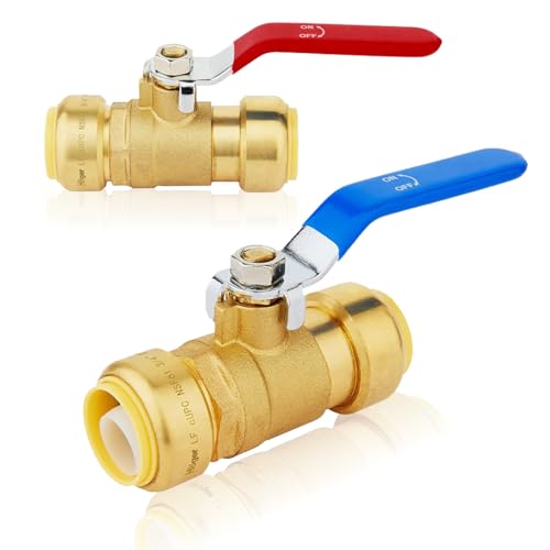 (Pack of 2) Seelink 1 Inch Push-Fit Ball Valve with Disconnect Clip Tools, Brass Shut Off Valve for Pex CPVC and Copper Pipe Connection, Red&Blue