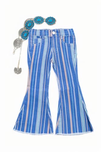 Multi-Color Stripe on Blue Printed Bootcut Denim Pants.