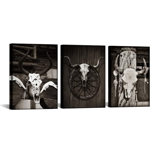 iKNOW FOTO 3pcs Vintage Western Art Wall Decor Brown Buffalo Bull Cow Horn Skull Picture Prints on Canvas Black and White Animal Head Painting for Cowboys Framed Each Panel 12x16''