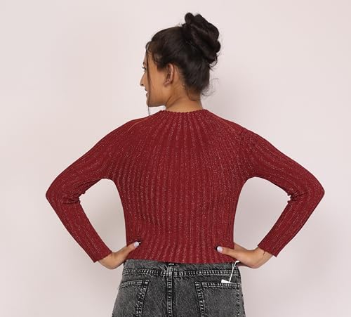 Image of ICW Women Knitted Rhinestone Embellised Daimond Studded Mesh Round Neck Long Sleeve Crop Top T-Shirt 206