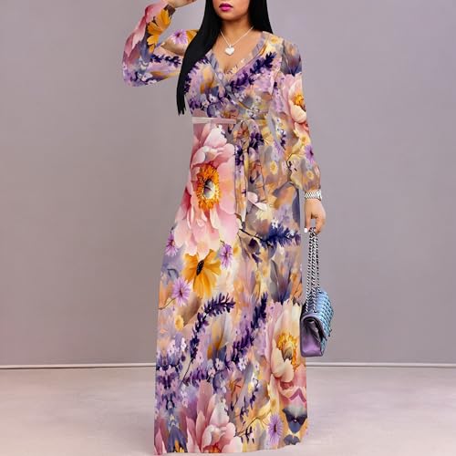 Image of PinkPatty Women's Long Sleeve Maxi Dress Plus Size Trendy Wedding Guest Dress with Pockets&Belt