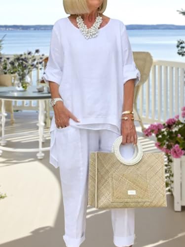 Women Linen Two Piece Pants Suit Dressy Long Sleeve Plus Size Linen Irregular Two Piece Set4