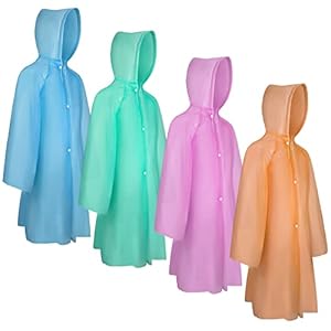 4 Piece Kids Rain Poncho Portable Reusable EVA Raincoats Jacket with Hoods and Sleeves for Outdoor Activities
