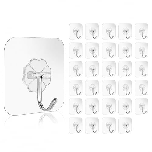 Image of BRAND VILLA Flower Shape Transparent Adhesive Wall Hooks Heavy Duty Waterproof Self Adhesive No Drill Damage Free Sticky Hooks for Bathroom Kitchen Door Towel Key Holder Pack of 30
