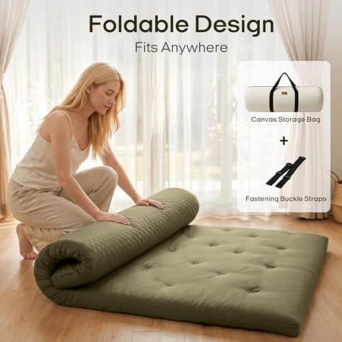 Image of ZonLi Japanese Floor Futon Mattress Queen Size 80 inchx 60 inch, 100% Cotton Cover 4 inch Thicken Tatami Mattress, Foldable Sleeping Pad, Portable Dormitory Tatami Mat, Roll Up Floor Lounger Bed for Adult