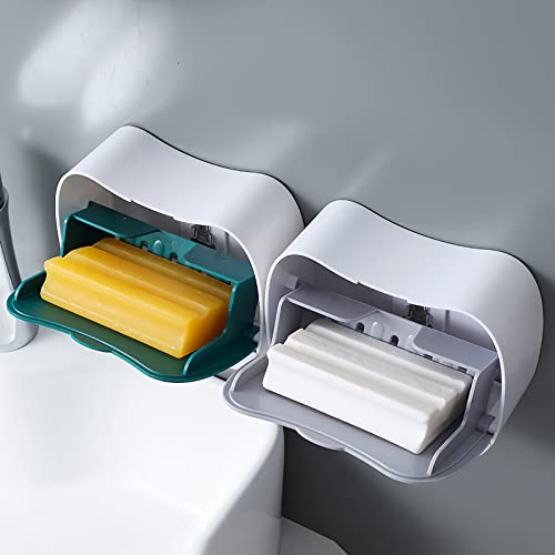 2 Pack Bar Soap Holder for Shower Wall Mounted with Drain Waterproof Soap Dish with Lid and Adhesive No Drilling for Bathroom Bath Tub to Keep Soap Bars Dry Easy Cleaning - Grey + Green