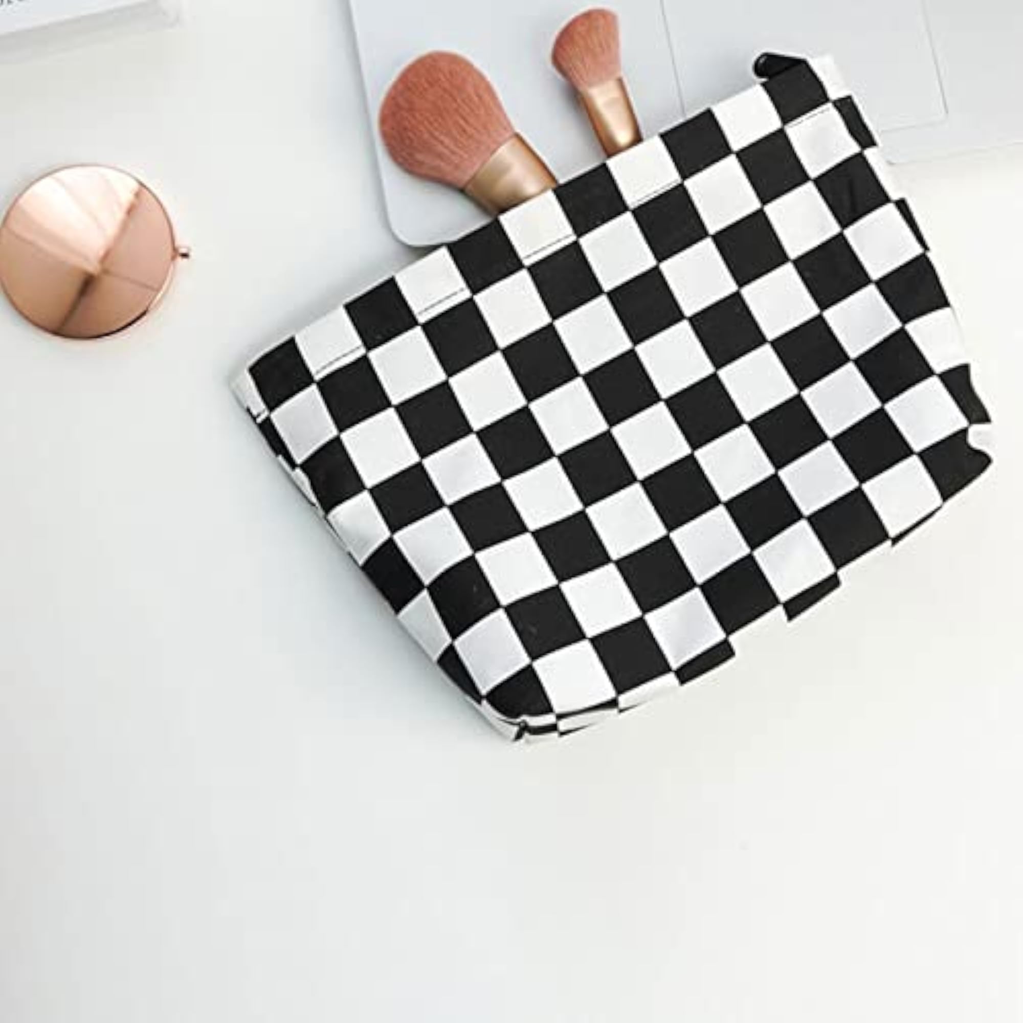 Shoulder Bag Black White Plaid Cosmetic Bag, Large-capacity Storage