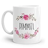  Tasse mit Spruch: PIMMEL  Personalisierbar  mit rosa Blumen