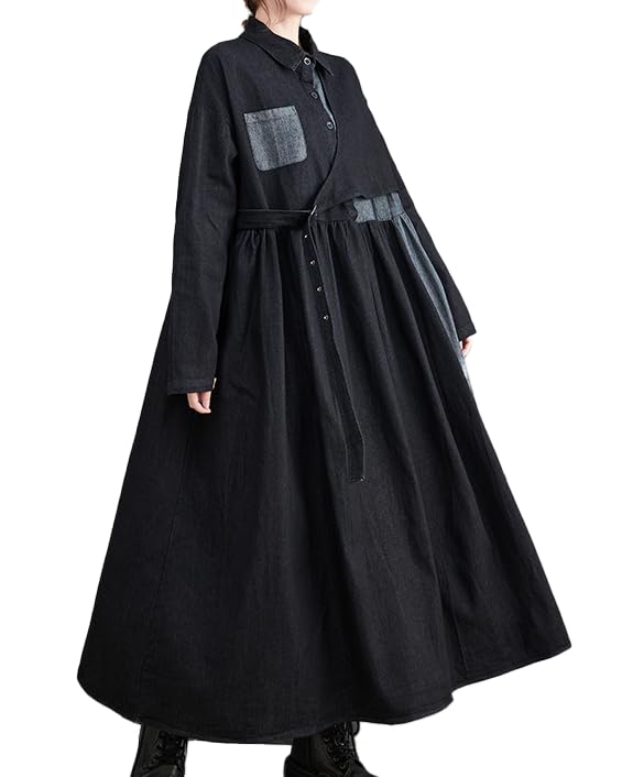 ellazhu Women's Dress Casual Lapel Long Sleeve Oversize Button Down Patchwork Long Maxi Hem Side Pockets GZ625 A