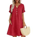 Znwerma Summer Dresses for Women UK Ladies Linen Shirt Dresses Casual Short Sleeve Jumper Dress Fashion V Neck Button Midi Sundress 2026 Loose Holliday Beach Tunic Sundress