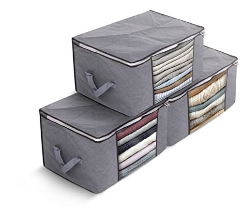 Delka 90L Storage Bags with Lids Large Storage Boxes with lids Storage Unit for Clothes Duvets Blankets Toys Pack of 3 Foldable Organizers with Reinforced Handles and Clear Window - Grey