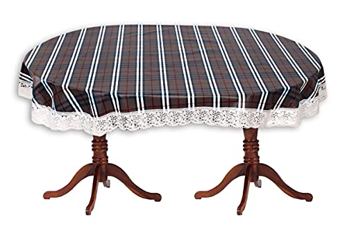 Image of The Furnishing Tree Waterproof PVC Oval Shaped 12 Seater Table Cover WxL 60x140 inches Checkered Pattern Black White with White Border lace