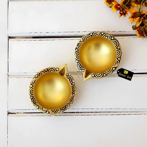 Image of Brass GOL Pooja Diya, Kuber Deepak Oil Lamp, Pack of 2 | Set of two round brass diyas for daily pooja, home temple, aarti and festive decoration
