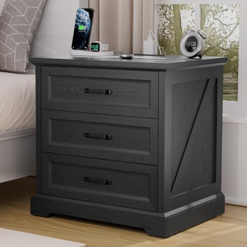Image of HOMMPA 24'' Farmhouse Nightstand with Charging Station, Bedside Tables with Storage, Side Table with AC Outlets & USB Port, 3 Drawers End Table Dresser, Wood Night Stand for Bedroom, Black