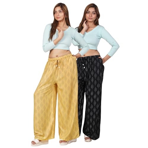 Image of Women's Cotton Rayon Flair Printed Pocket Regular Palazzo Pack of 2