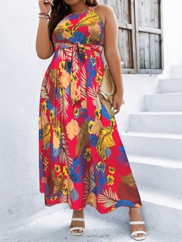 Image of Floerns Women's Plus Size Boho Sleeveless Halter Neck Tie Back A Line Long Dress