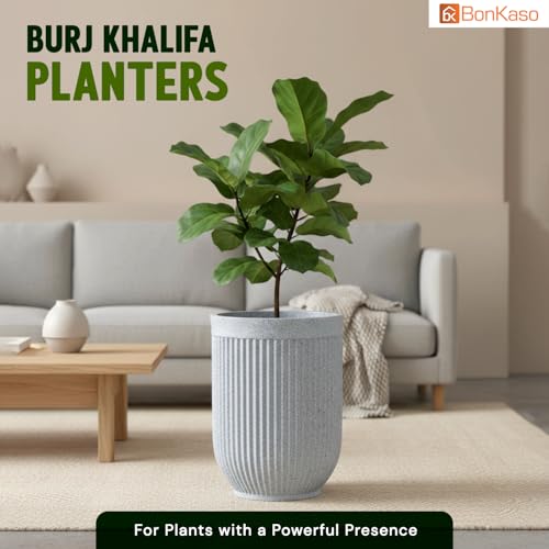 Image of Bonkaso 18 Inch Burj Khalifa Ribbed Planter Pot Indoor & Outdoor Use | Round Heavy Duty Polymer Flower Pot | Lightweight Weather Resistant Modern Gamla for Living Room Balcony & Terrace (Light Grey)