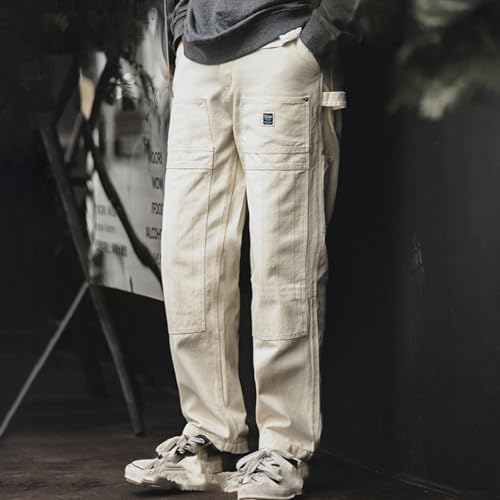 Jeans Pants Trouser Denim Workwear Vintage Distressed Loose Beige Washed Classic Multi Bag Logging for Men3