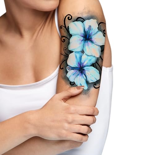Tatodays 2x Sheets Watercolor Hawaiian Blue Flower Hibiscus Tattoos for