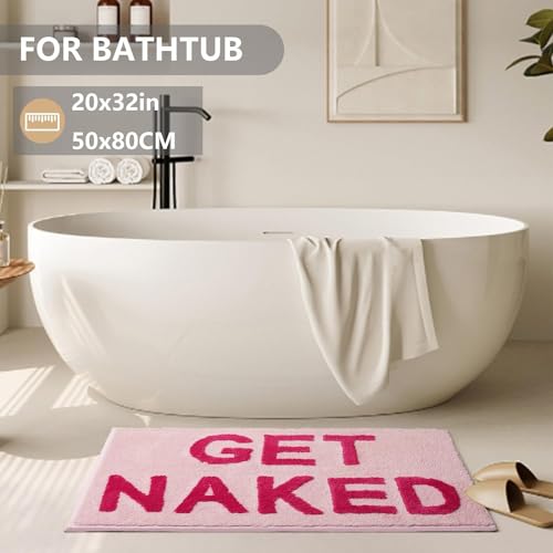 Image of KOEXM Get Naked Bath Mat Pink Cute Bathroom Rugs 20 inch x 32 inch Funny Bathroom Decor, Non Slip Absorbent Bath Mat for Girl, Shower Rug for Tub Apartment Decor