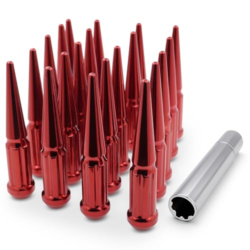 Image of EZAccessory 14x1.5 Spline Spike Lug Nuts 24 Pieces Red with Key Bulge Acorn Lug Nut for Chevy Silverado GMC Sierra 1500 2500 3500