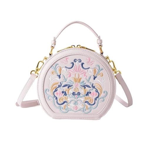 Sac à main femme circulaire brodé rose idéal pour vos sorties et soirées élégantes
