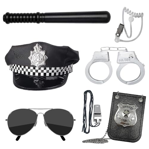 KUWUNG 7 peças acessórios disfarce polícia, disfarce polícia criança, acessórios polícia disfarce com boné de polícia, placa, óculos de sol e algemas de polícia, carnaval conjunto de papéis acessórios