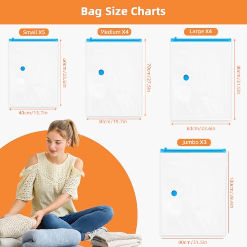 TOUYINGER Vakuumbeutel für Kleidung mit Kabelloser Pumpe, 16 Stück (5x 40x60cm, 4x 50x70cm, 4x 60x80cm, 3x 80x100cm), Platzsparend Vakuumbeutel für Reisen, Umzug, Bettdecken Kleidung Aufbewahrung