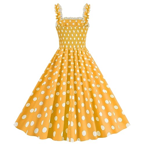 Image of 50s Style Dresses for Women Vintage 1950s Retro Cocktail Dress 40's 50's Polka Dot Pinup Dresses for Women Rockabilly Audrey Hepburn Halloween Costume 1960s Tea Party Pin up Outfits Yellow XL