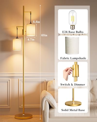 Image of Lightdot 65IN Gold Floor Lamp for Living Room, Industrial 2-Light Tree Floor Lamps with Linen Shade, Modern Standing Tall Lamp with 5Lbs Heavy Base for Bedroom /Sofa Beside /Corner Decor(Bulb Included)