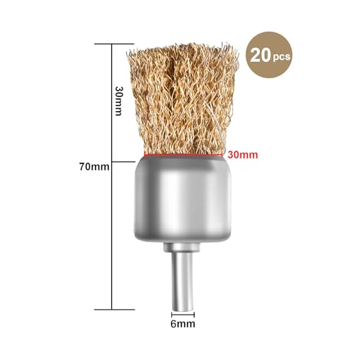 ATOPLEE 20pcs Brass Coated Wire Brush Wheel & Cup Brush Set with 1/4 Inch Round Shank,Diameter 1-3/16‘’（30mm） Crimped Wire Brush Wheel for Rust Removal, Corrosion and Scrub Surfaces,for Drill Attachme