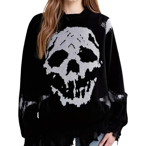 Men's Ripped Drop Shoulder Sweater, Oversized Skull Graphic Gothic Sweater Y2K Knit Crewneck Long Sleeve Pullover2