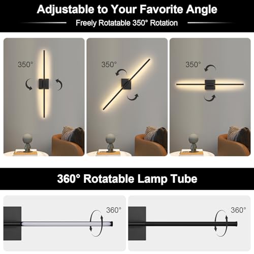 Image of Battery Operated Wall Sconce, 3000K-6000K Dimmable Black Wall Lights with Remote Control, Timable LED Wireless Wall Sconces, 350 Ratate for Bathroom, Living Room, Hallway 29.1 Inch 1 Pack