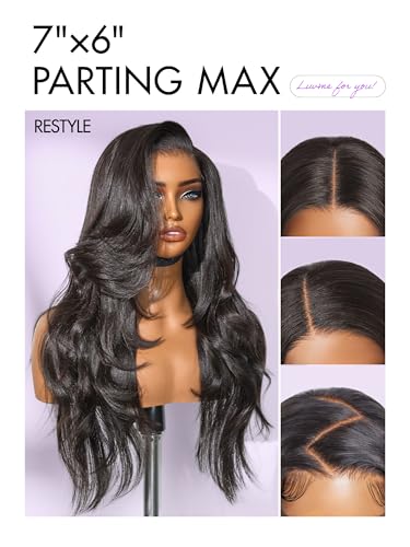 Image of LUVME HAIR 7x6 All-Day Comfor Wig PartingMax Lace Wigs 200% Density Yaki Straight Lace Front Wigs Human Hair Pre Cut Plucked Lace Frontal Glueless 24 Inches Natural Black Color