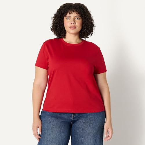Amazon Essentials (La elección de Demi) Camiseta de Algodón con Cuello Redondo y Corte Holgado Mujer, Rojo, L