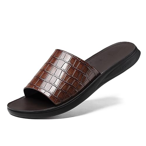 Image of Men's Print Genuine Leather Flat Slides Sandals Round Open Toe Non Slip Outdoor Slip On Casual Flats Slippers Lightweight Beach Summer Sandals