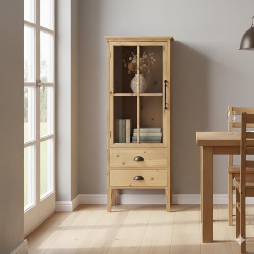 ROCKING GIFTS Vitrina de Madera Marrón con Puerta de Cristal y 2 Cajones, 138x48x37cm, Mueble Decorativo Expositor Rústico - imagen 3