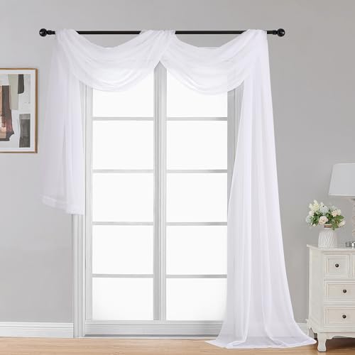 Image of OWENIE Extra Long White Sheer Curtains 144 inch 2 Panels Set, Translucent Backdrop Window Scarf Drapes for Canopy Bed /Wedding /Living Room /Anniversary, 12FT Length, Each 59Wx144L in, 2PCS, White