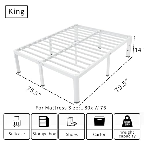 ROIL 14 Inch White King Bed Frame with Rounded Corner and Headboard Hole Mattress Retainers 3500LBS Heavy Duty Steel Slats No Box Spring Needed Platform Noise-Free Easy Assembly