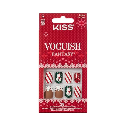 KISS Voguish Fantasy Holiday Press On Nails Snow Pops Multicolor Short Squoval No Damage To Natural Nails Pink Gel Nail Glue (2g) Mini Nail File Manicure Stick & 28 Fake Nails