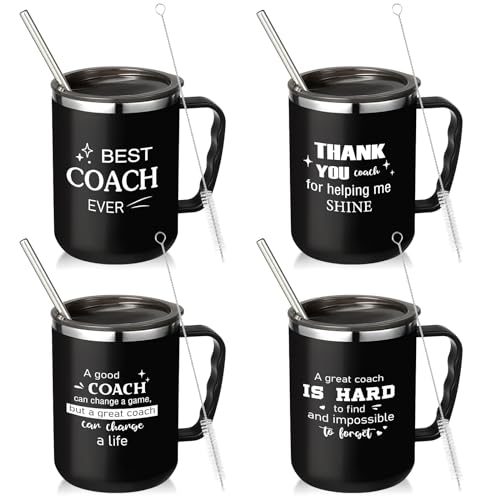 Uiifan 4 Sets Thank You Gifts for Coach 16oz Couch Cup with Handle Lid Straw and Straw Brush Stainless Steel Vacuum Insulated Couch Coffee Mug for Men Women Birthday Retirement Appreciation Gift