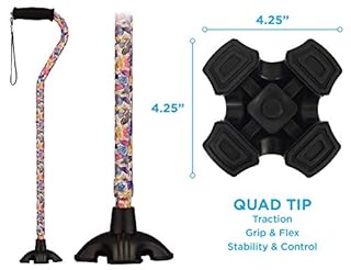 Nova Joy Designer Offset Quad Cane for Seniors - Unisex Adjustable Lightweight Walking Aid with Foam Handle, Wrist Strap and Anti-Rattle Lock - Essential Mobility Support - Butterfly Symphony