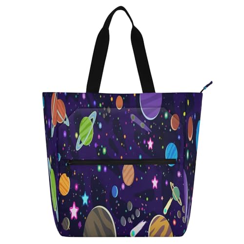 Cartoon Planet Book Tote Bag,Large Capacity Handbag with Zipper Perfect for School,Travel,Shopping