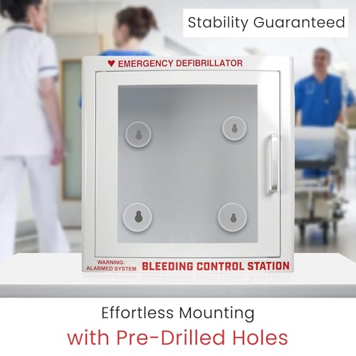 Image of AED Wall Mounted Cabinet with Bleeding Control Kit Storage, AED defibrillator for home, Large 17.4x17.3x6.9 Inch, Durable Metal Cabinet with Clear Window & Door Activated Alarm, AED cabinet wall mount