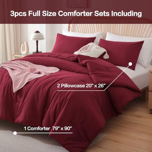 Image of ROSGONIA Full Size Comforter Sets for Girls Boys Kids Dark Red, 3pcs Comforter Full Size (1 Comforter & 2 Pillowcases) Lightweight Dorm Bedding Sets
