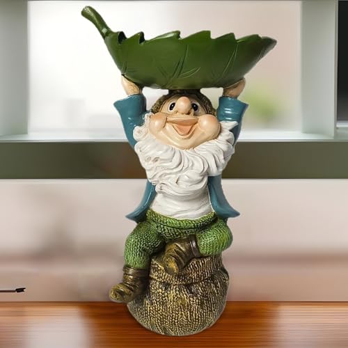 Mangeoire et bain d'oiseaux en résine feuille avec statue de gnome décorative