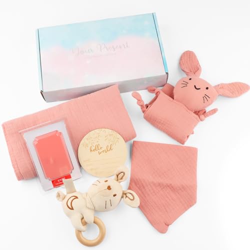guobinZH Baby Geschenk Junge & Mädchen Neugeborenen 6-Teilig Set Babyparty Geburt Geschenkset Babygeschenke inkl. Badetücher Musselin Schnuffeltuch Lätzchen Lätzchen Hase Nrassel Holzmeilenstein-Rosa