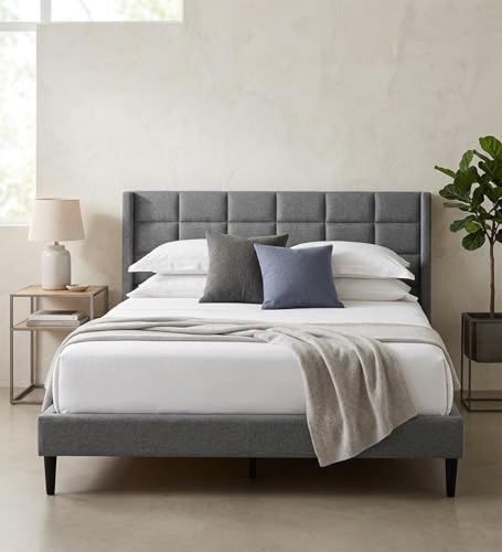 Image of Mintwud Pepperfry Woodlyn Upholstered Queen Size Bed Without Storage | Wooden Double Bed with Tufted Headboard for Bedroom Living Room Home and Hotel (Dark Grey)